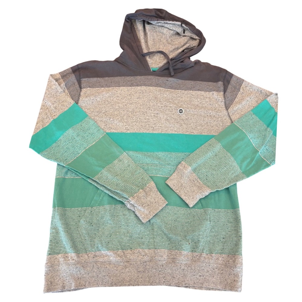 Billabong Mens XL Striped Pullover Hoodie Teal Grey Cotton Surf Sweatshirt